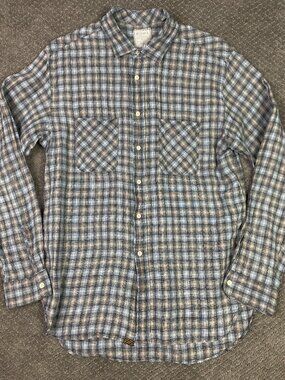 Billy Reid Linen Shirt Mens Large Blue Gray Plaid Check Long Sleeve
